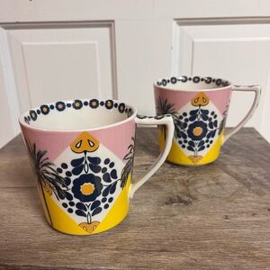 Anthropologie Storytiles Palm Floral Ceramic Coffee Mugs